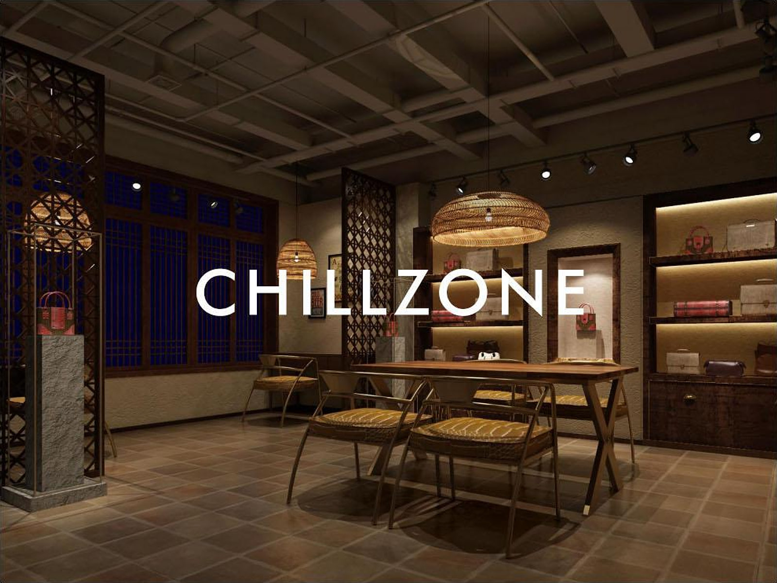Interior view of a CHILLZONE store with display shelves, product tables and lounge seating