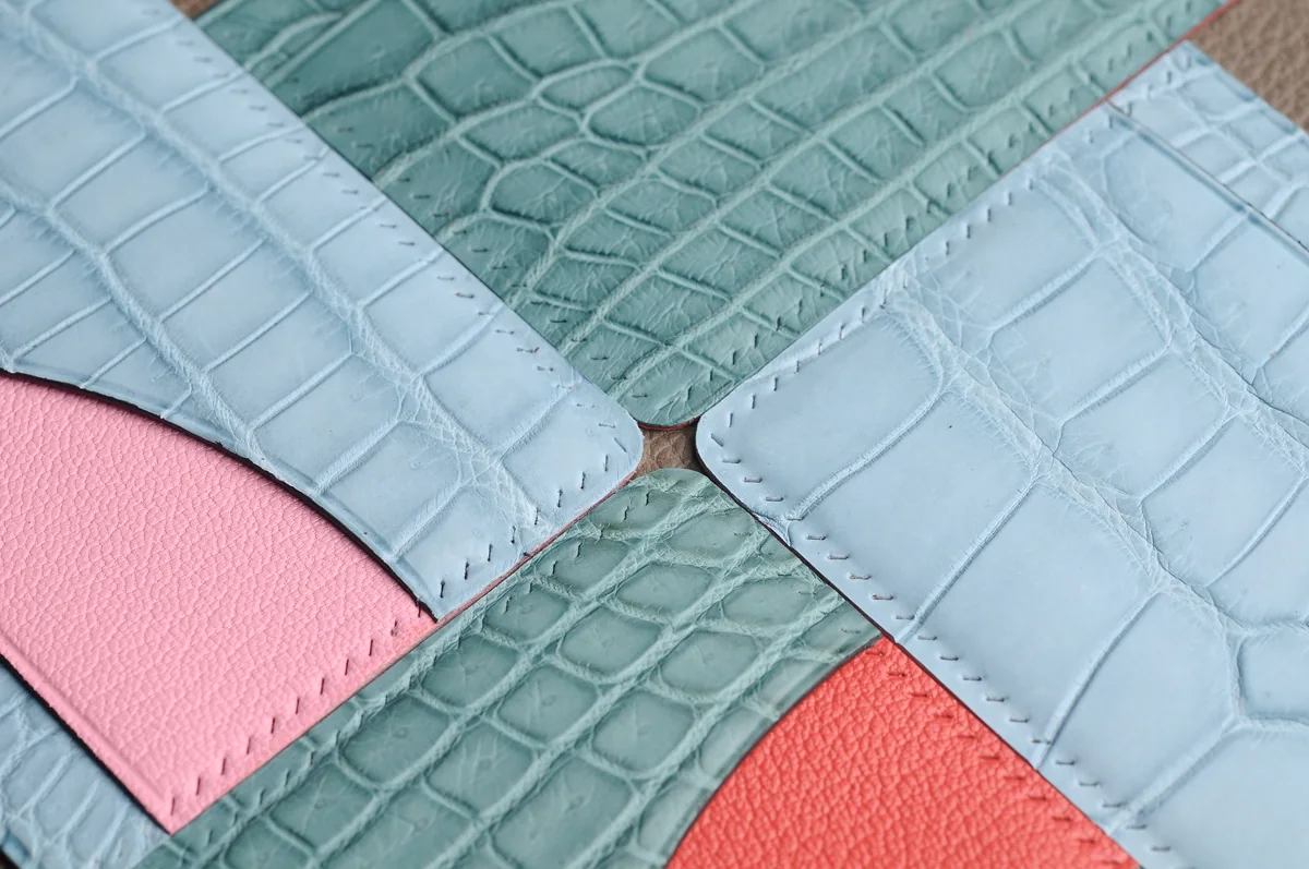 Colorful leather pieces arranged for a collection