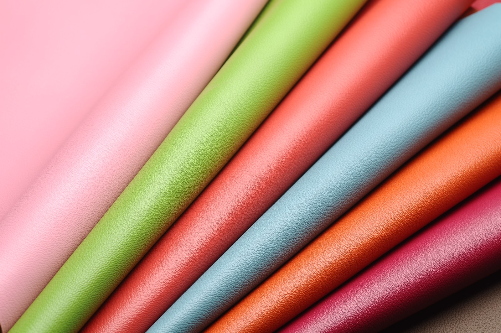 Rolls of pink, green, red, blue, orange and black leather