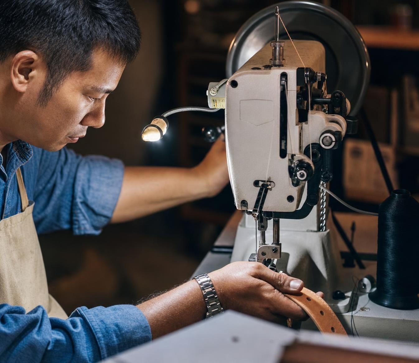 Promotional illustration of a Chinese leatherworker guiding leather through a sewing machine